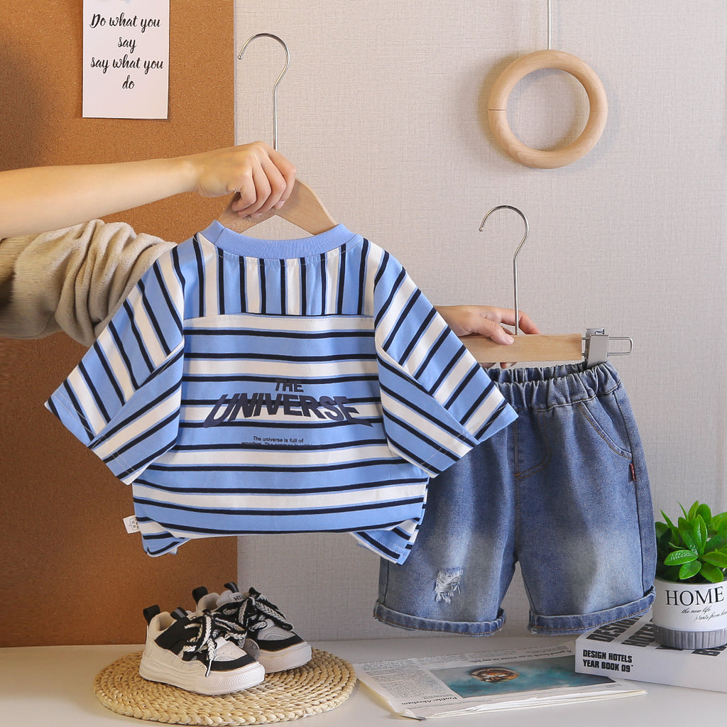 Short Sleeved Striped Top Denim Suit
