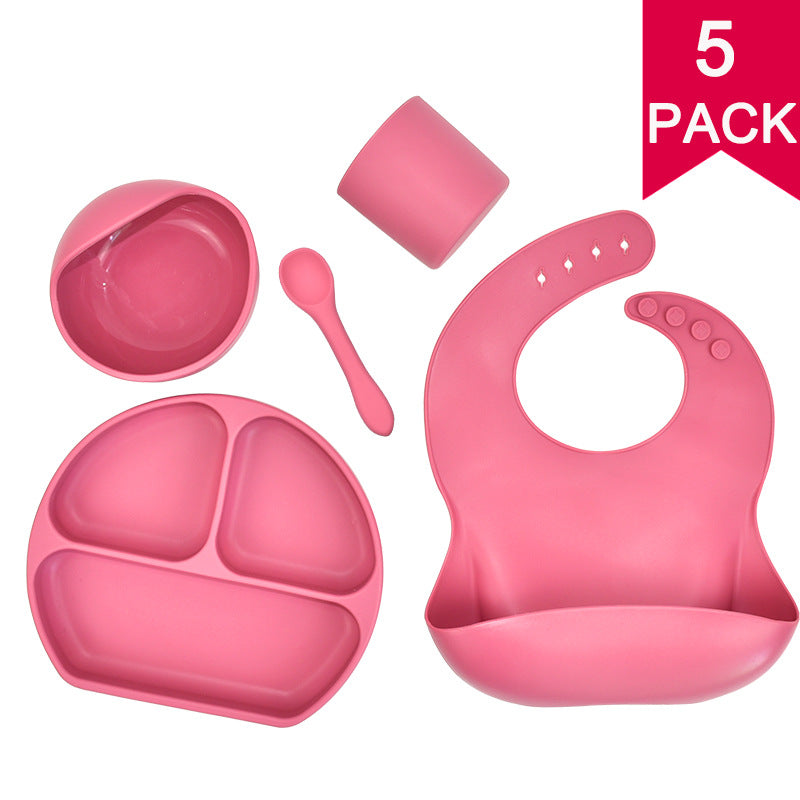Feeding Tableware with Saliva Pocket, Suction Cup Bowl, Spoon, Dinner Plate and Bib 5-piece Set