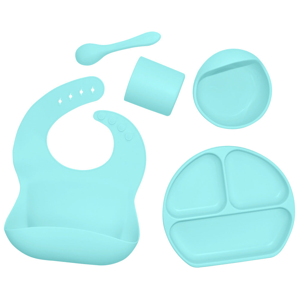 Feeding Tableware with Saliva Pocket, Suction Cup Bowl, Spoon, Dinner Plate and Bib 5-piece Set