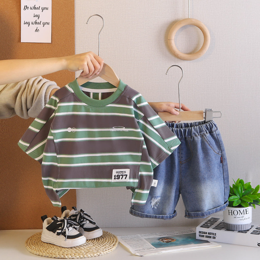 Short Sleeved Striped Top Denim Suit