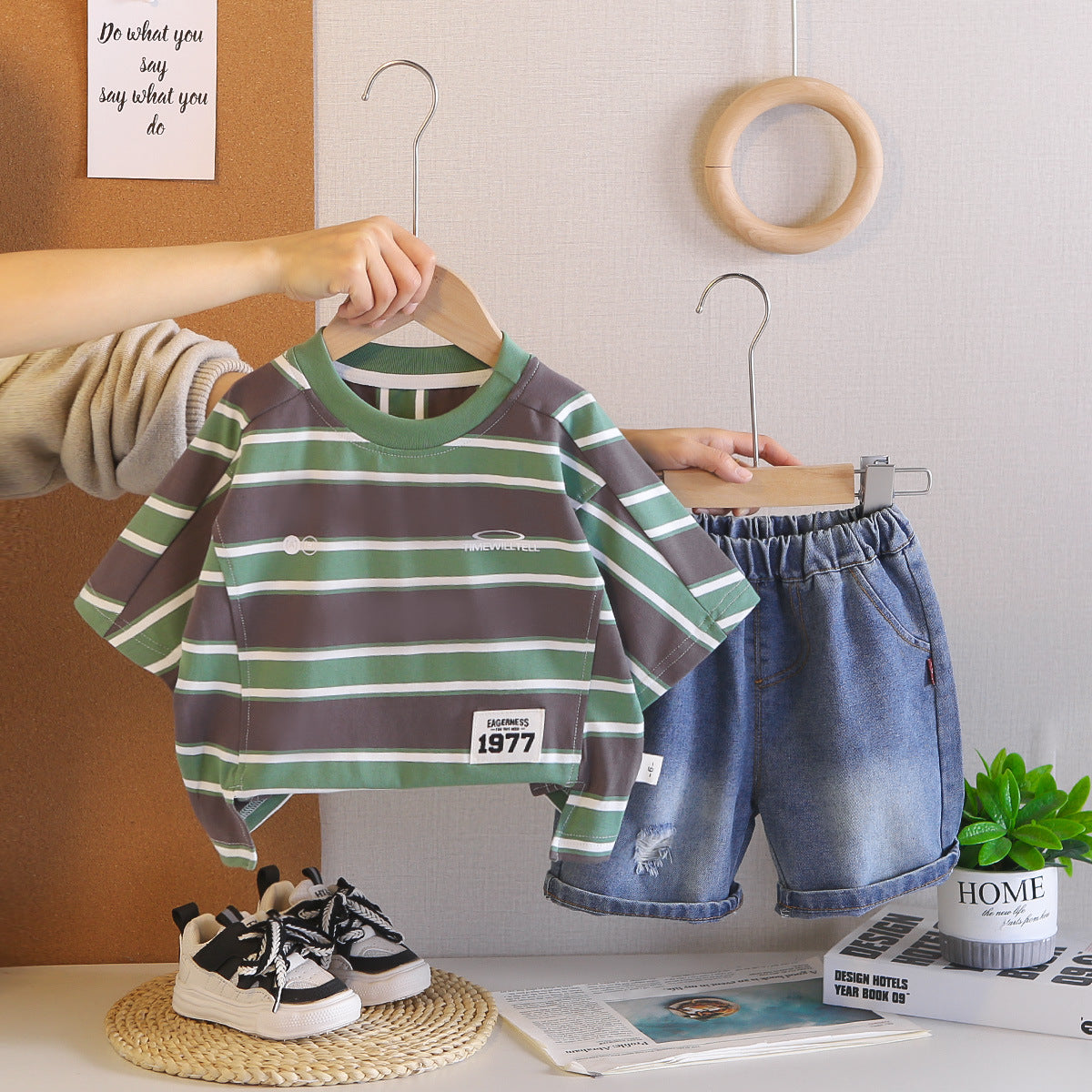 Short Sleeved Striped Top Denim Suit
