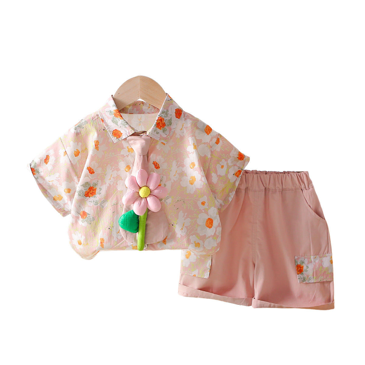 Short Sleeved Floral Tie Shirt Shorts Set