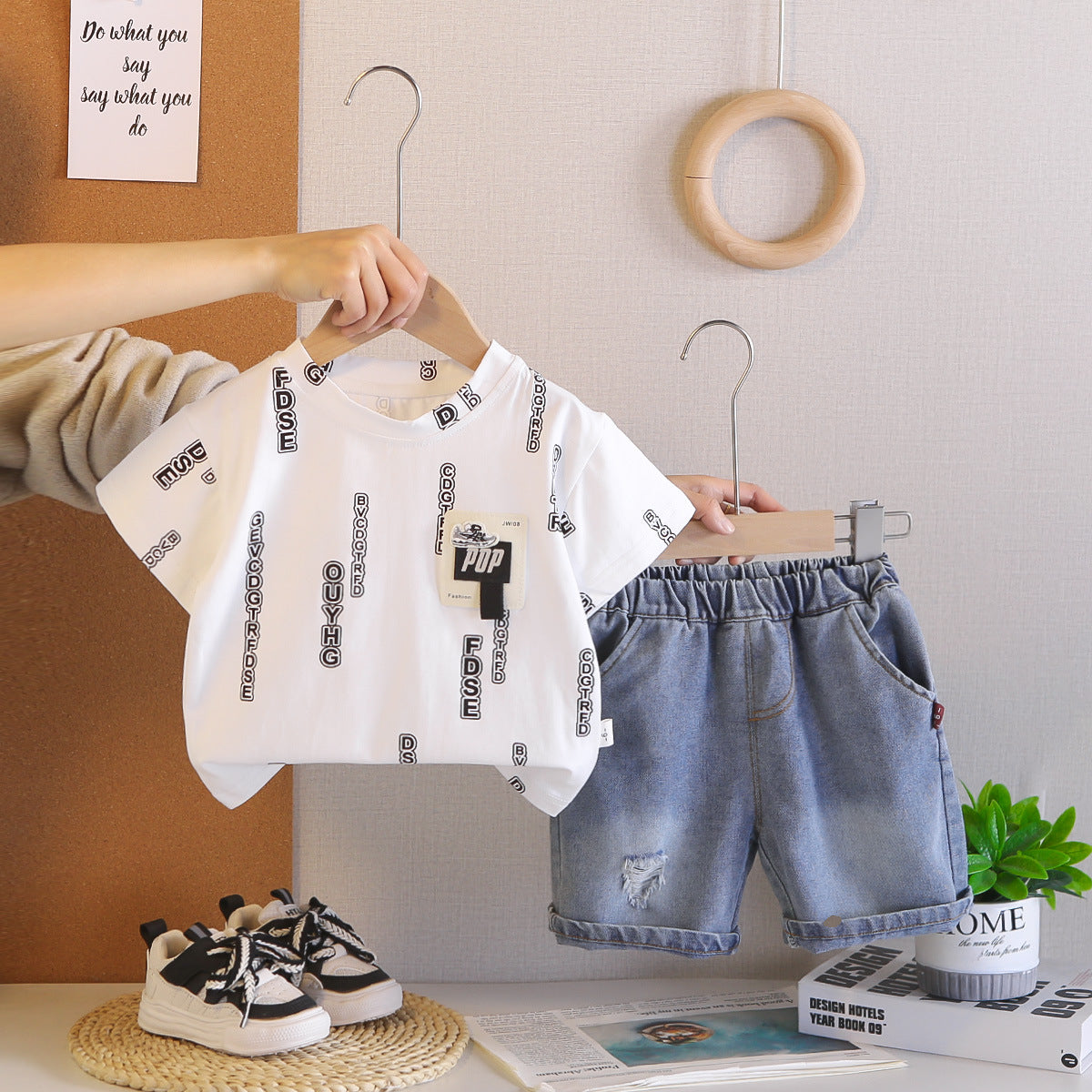 Short Sleeved Round Neck Top Denim Suit