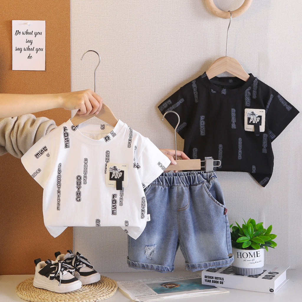 Short Sleeved Round Neck Top Denim Suit
