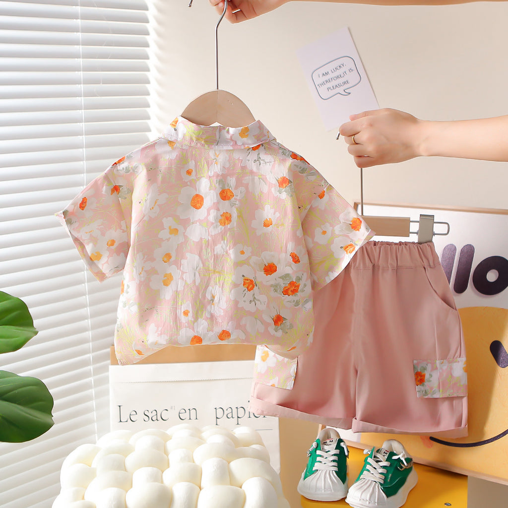 Short Sleeved Floral Tie Shirt Shorts Set