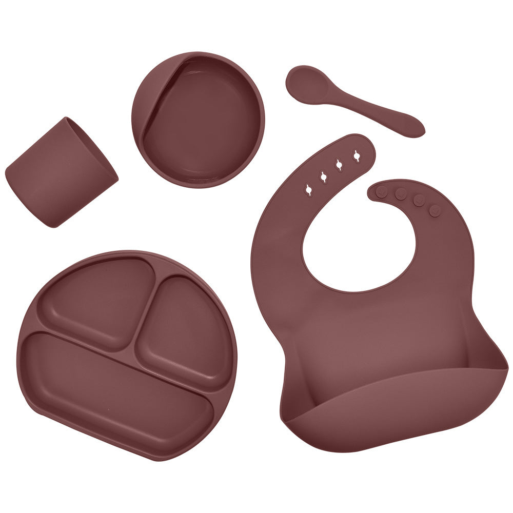 Feeding Tableware with Saliva Pocket, Suction Cup Bowl, Spoon, Dinner Plate and Bib 5-piece Set