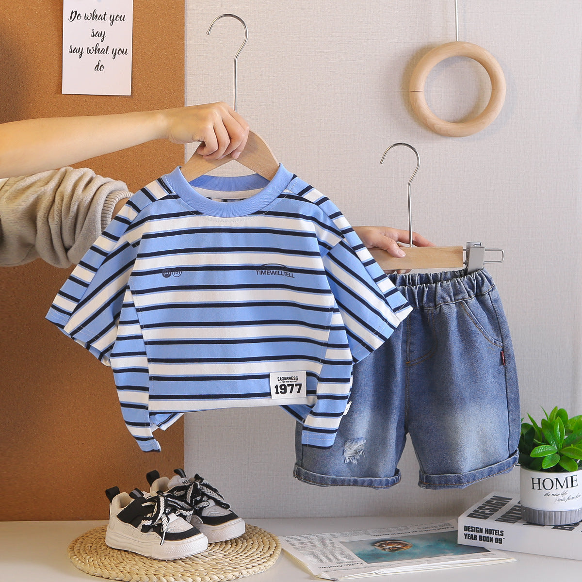Short Sleeved Striped Top Denim Suit