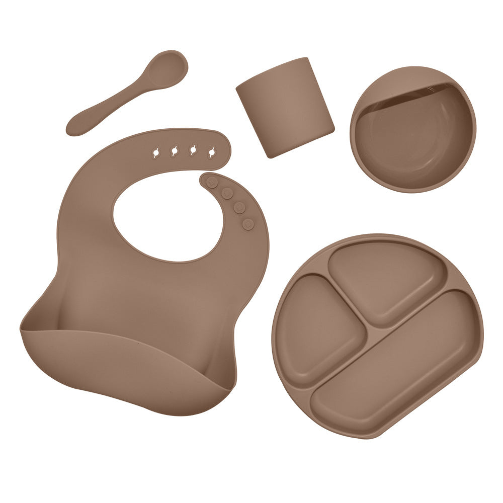 Feeding Tableware with Saliva Pocket, Suction Cup Bowl, Spoon, Dinner Plate and Bib 5-piece Set