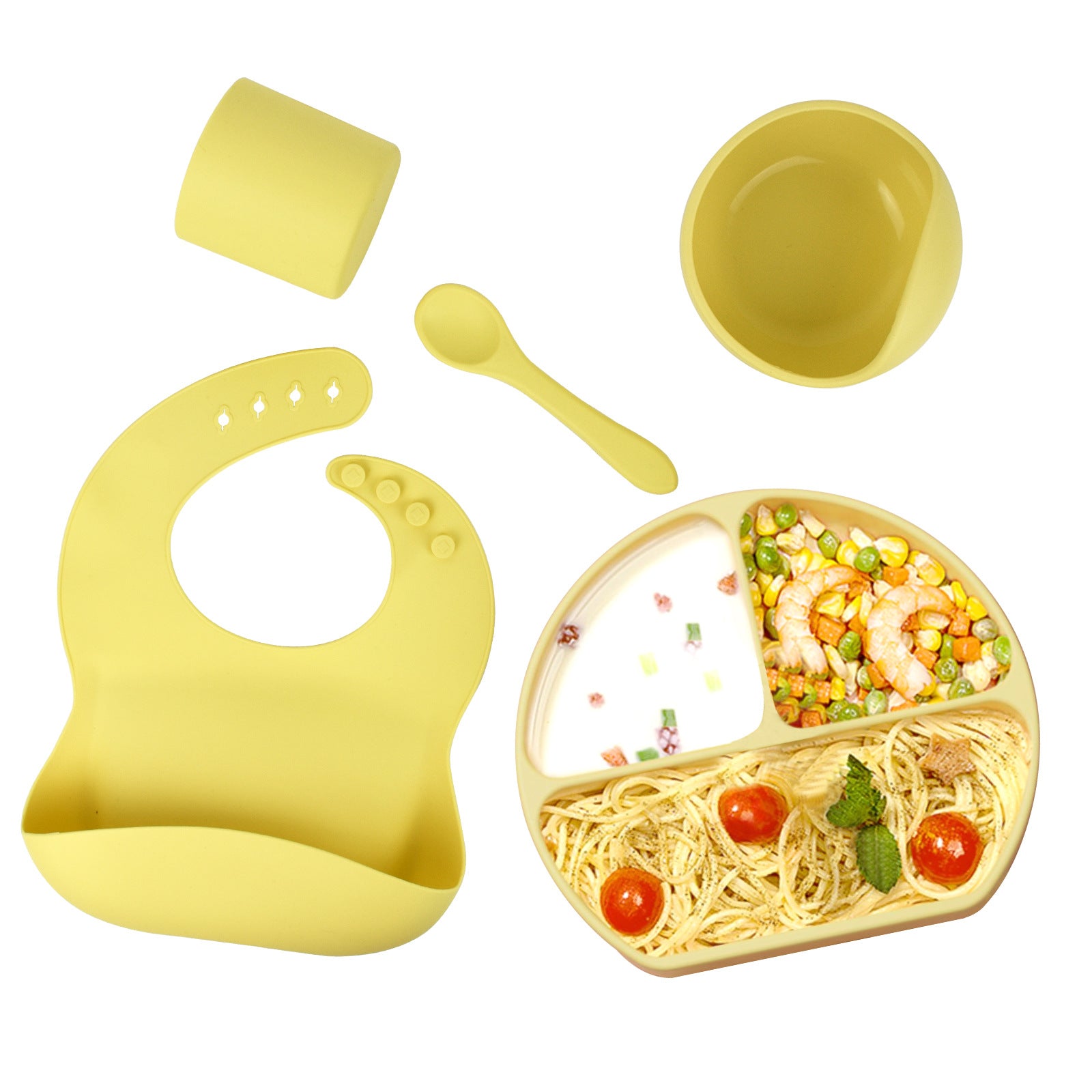 Feeding Tableware with Saliva Pocket, Suction Cup Bowl, Spoon, Dinner Plate and Bib 5-piece Set