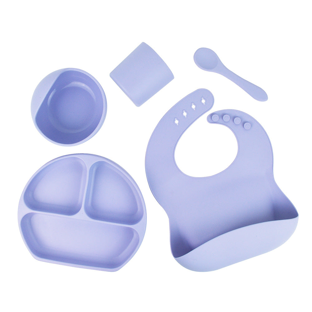 Feeding Tableware with Saliva Pocket, Suction Cup Bowl, Spoon, Dinner Plate and Bib 5-piece Set