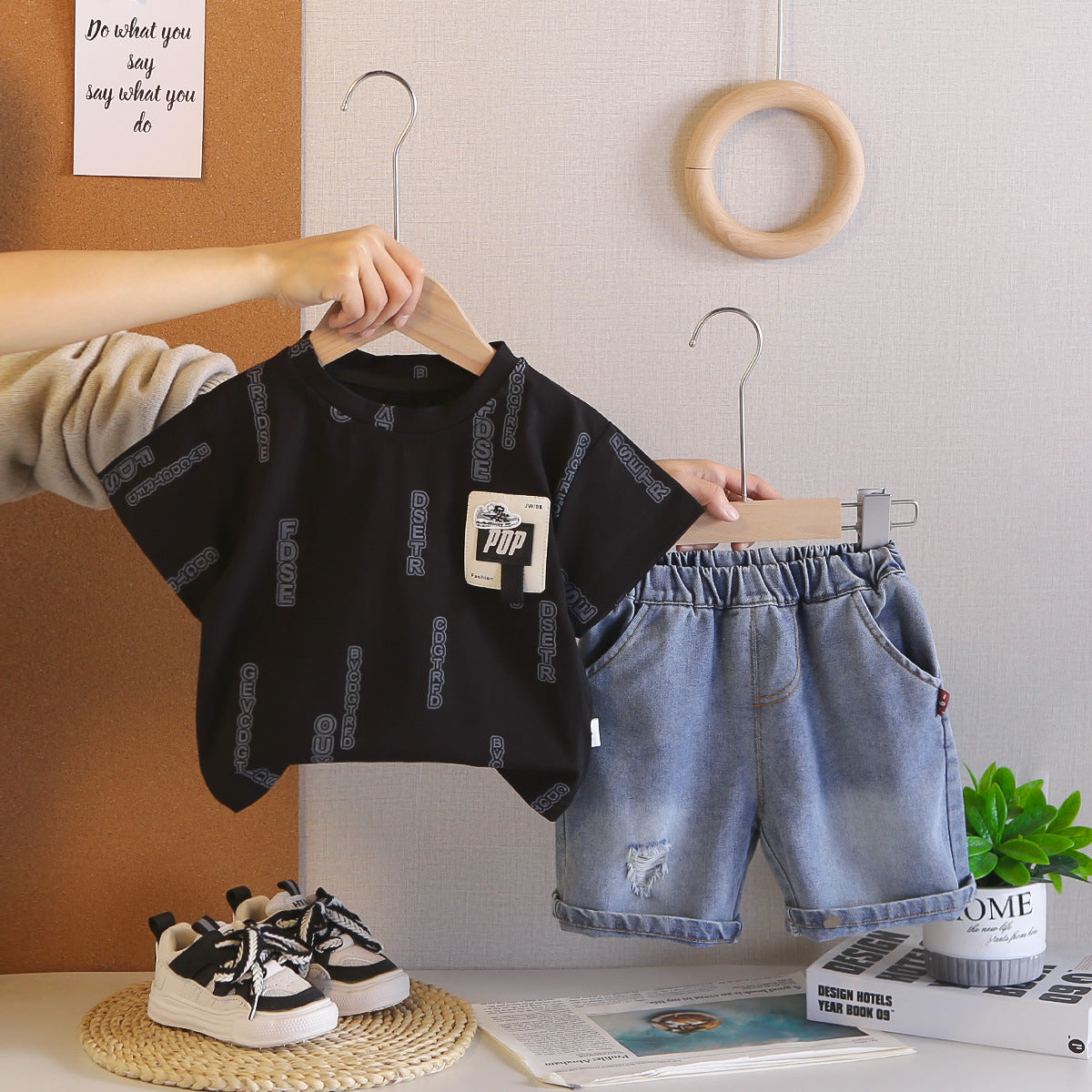 Short Sleeved Round Neck Top Denim Suit