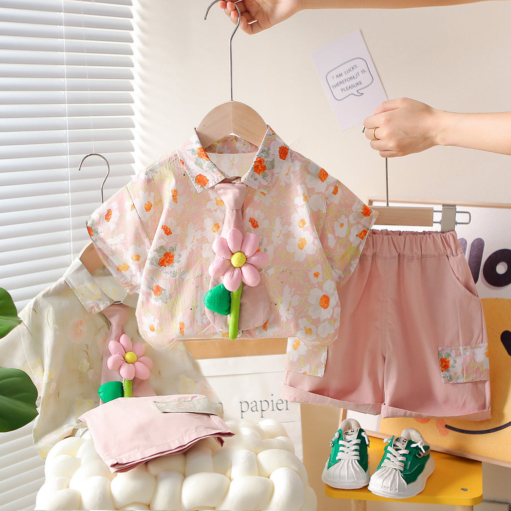 Short Sleeved Floral Tie Shirt Shorts Set