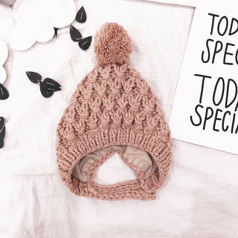 Children's Autumn/Winter Wool Ball Lined Ear-flap Hat