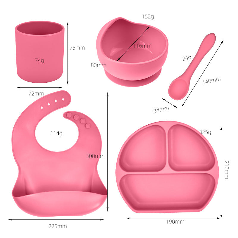 Feeding Tableware with Saliva Pocket, Suction Cup Bowl, Spoon, Dinner Plate and Bib 5-piece Set