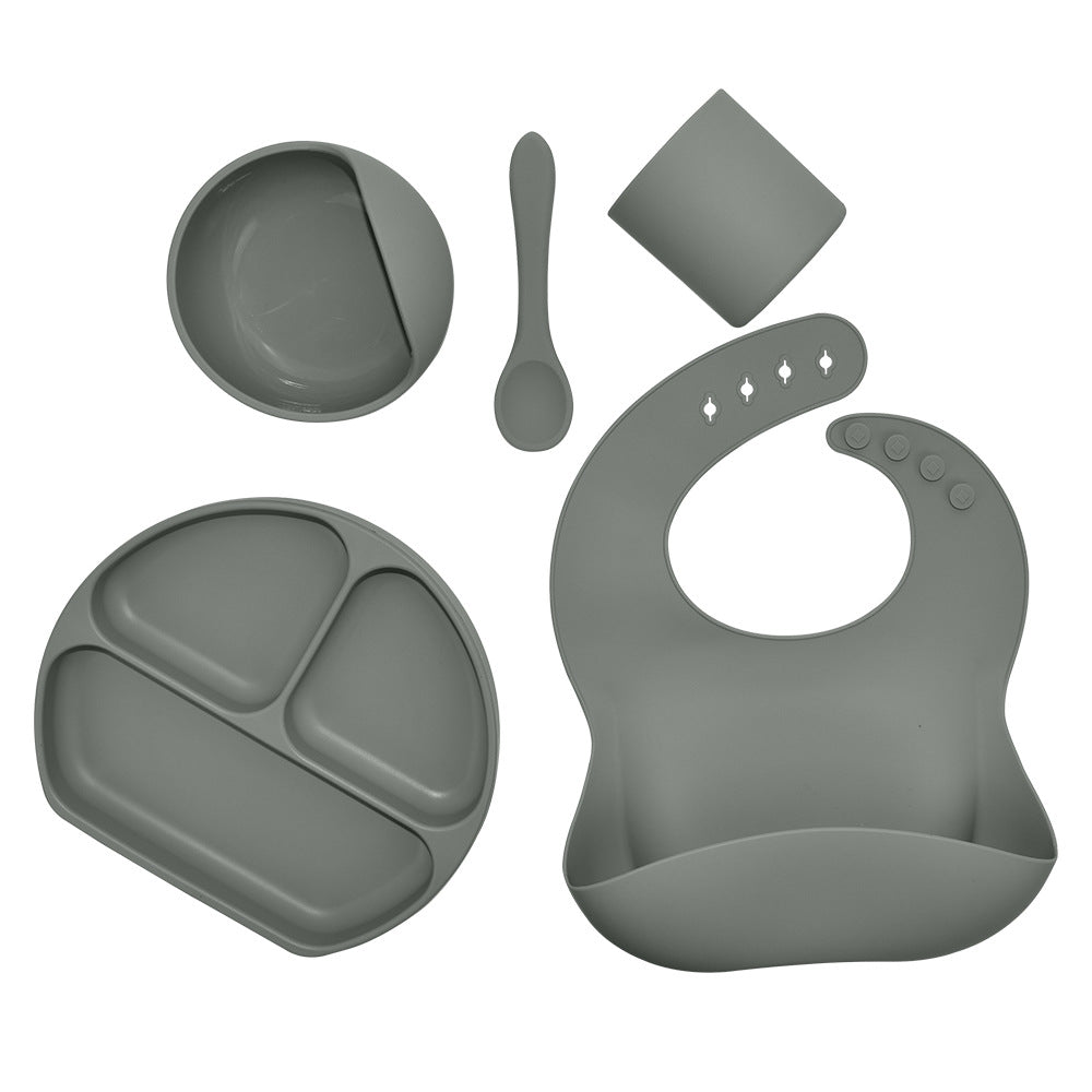 Feeding Tableware with Saliva Pocket, Suction Cup Bowl, Spoon, Dinner Plate and Bib 5-piece Set