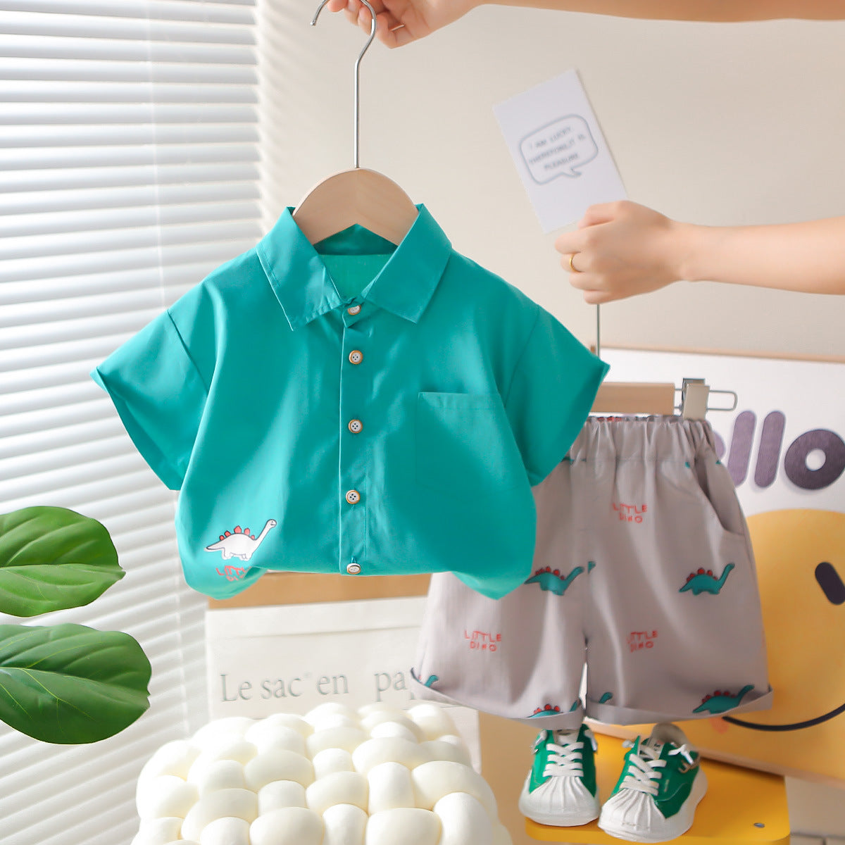 Dinosaur Collar Short Sleeved Shirt Shorts Set