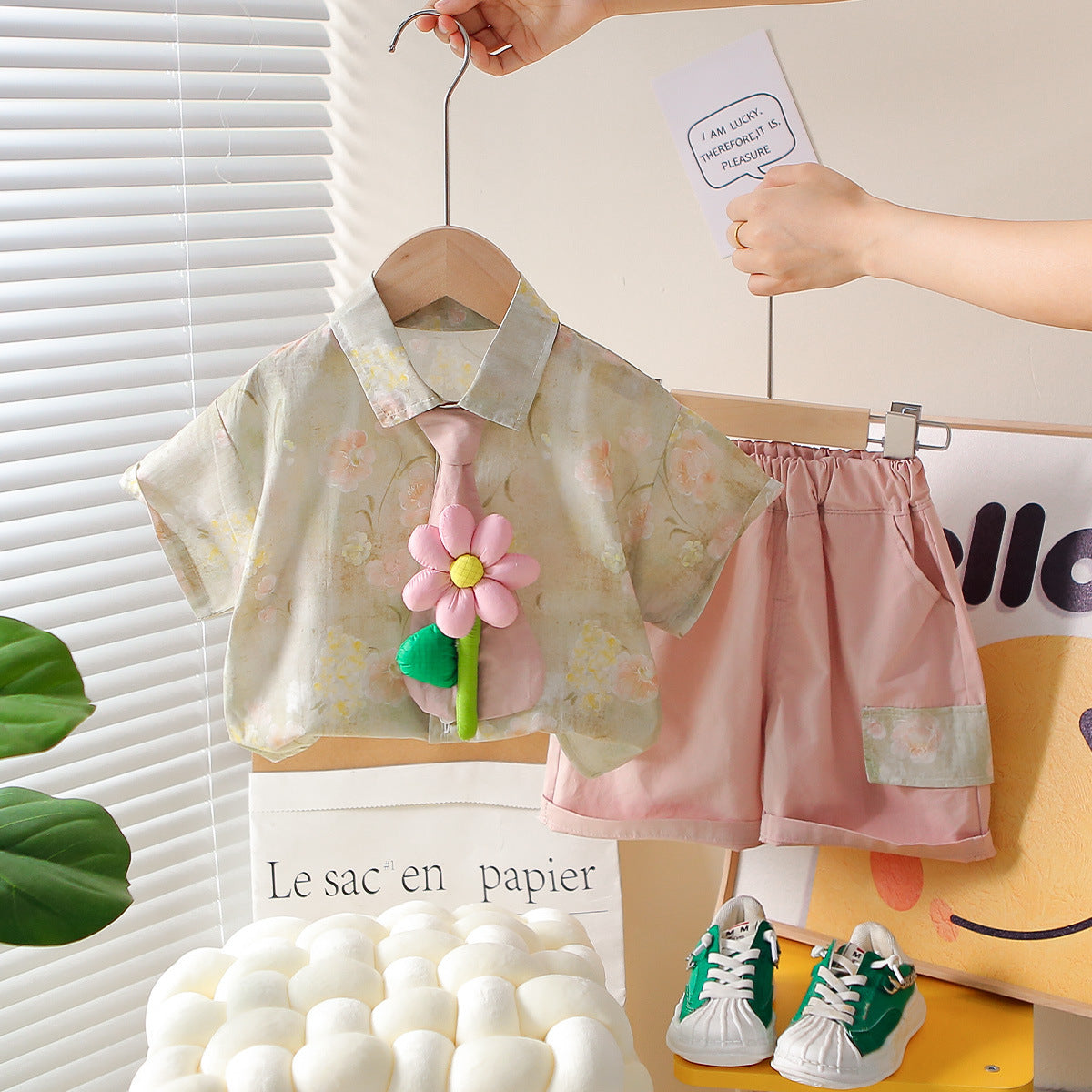 Short Sleeved Floral Tie Shirt Shorts Set