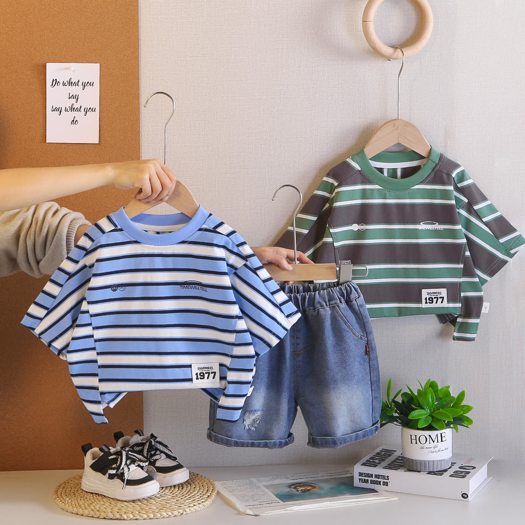 Short Sleeved Striped Top Denim Suit