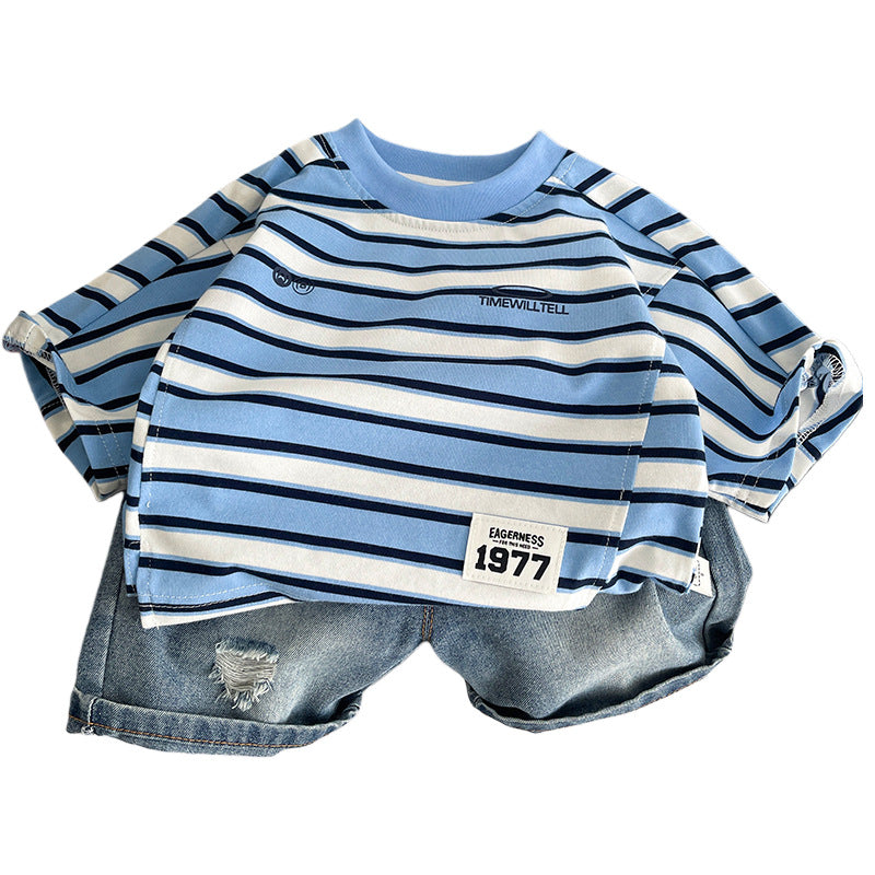 Short Sleeved Striped Top Denim Suit