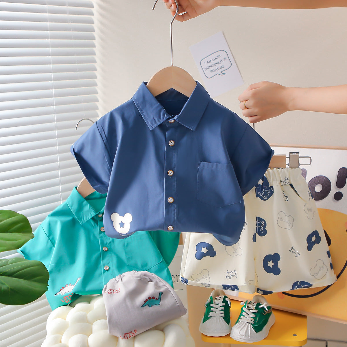 Dinosaur Collar Short Sleeved Shirt Shorts Set