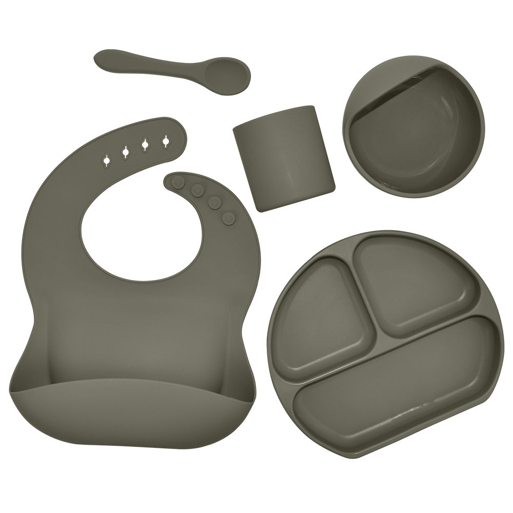 Feeding Tableware with Saliva Pocket, Suction Cup Bowl, Spoon, Dinner Plate and Bib 5-piece Set