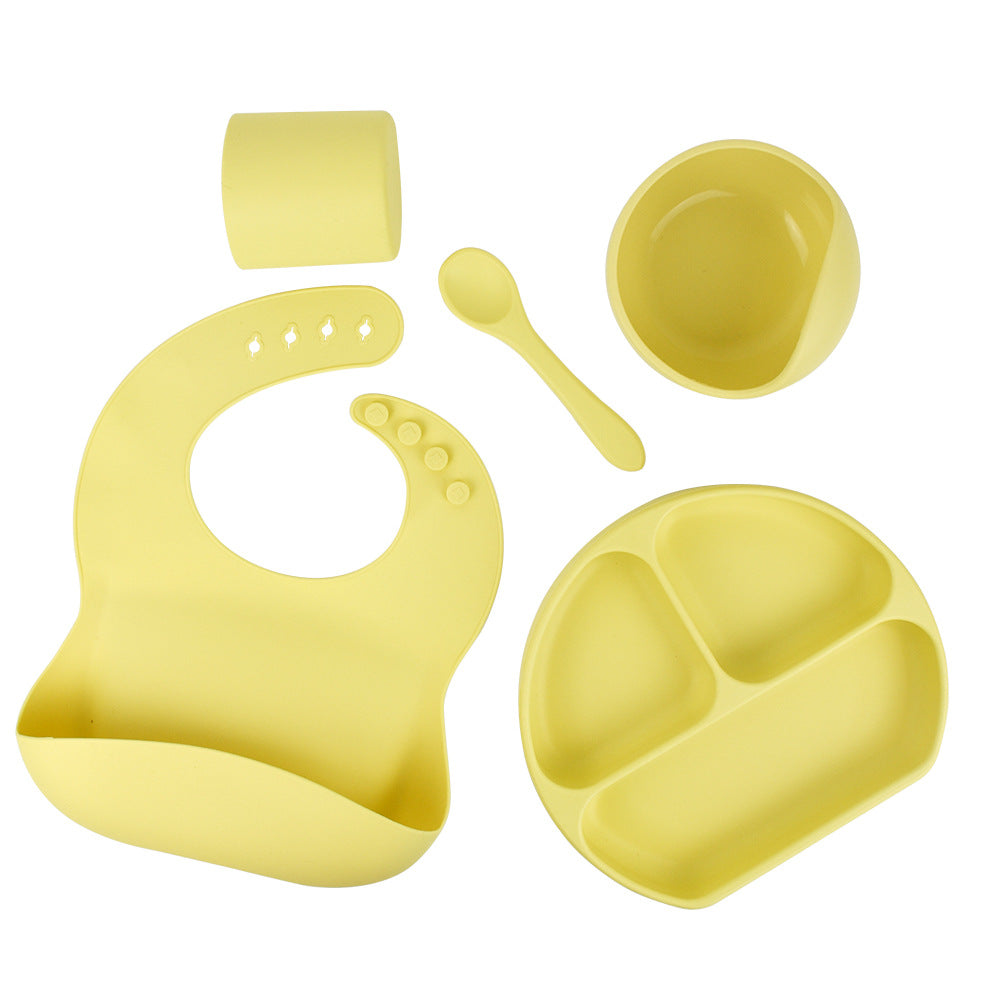 Feeding Tableware with Saliva Pocket, Suction Cup Bowl, Spoon, Dinner Plate and Bib 5-piece Set