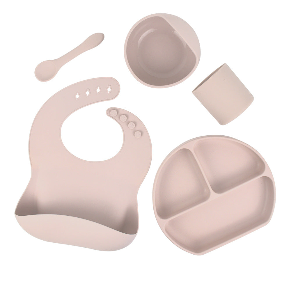 Feeding Tableware with Saliva Pocket, Suction Cup Bowl, Spoon, Dinner Plate and Bib 5-piece Set