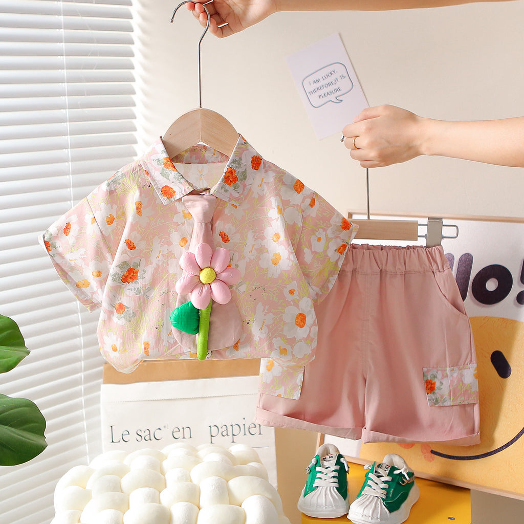 Short Sleeved Floral Tie Shirt Shorts Set