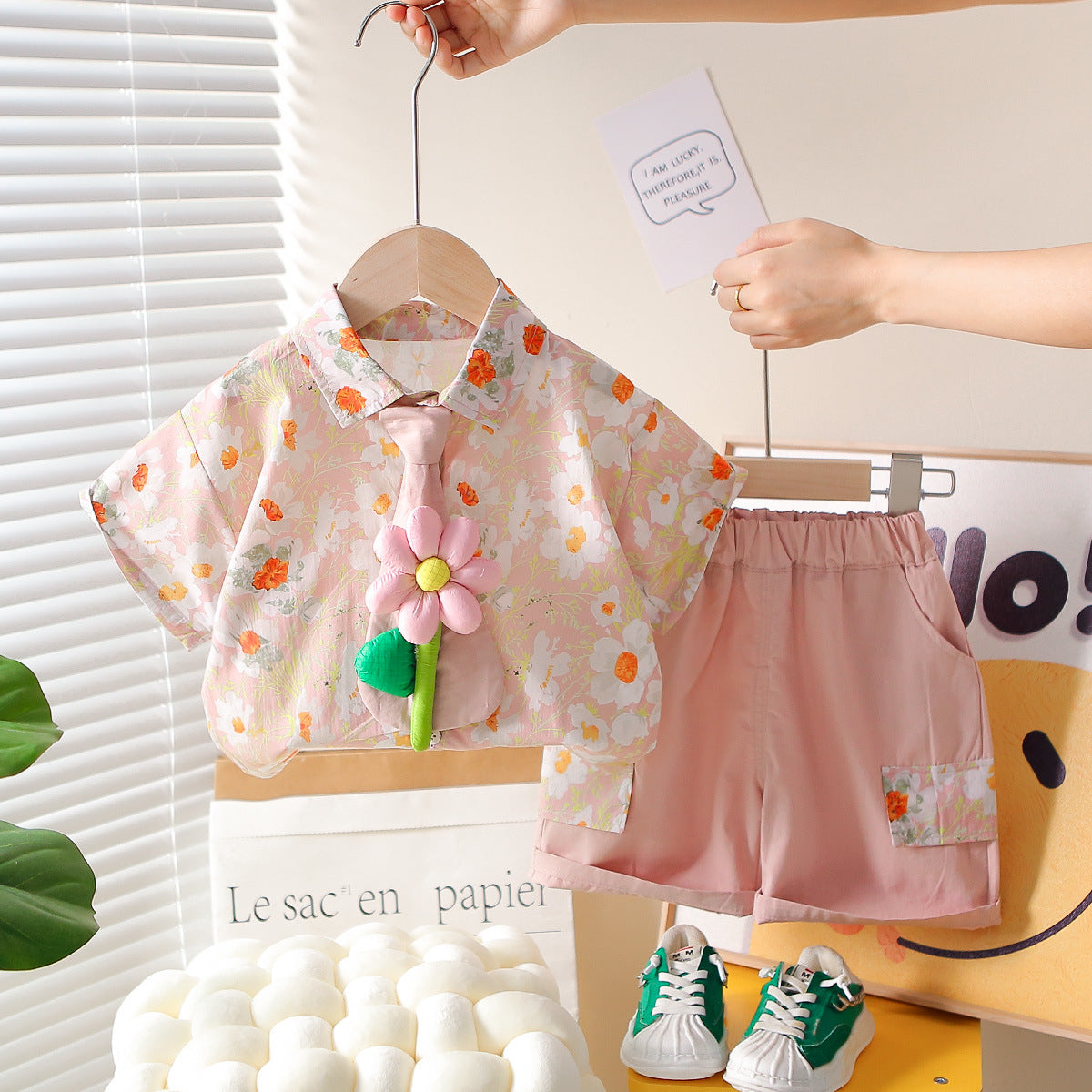 Short Sleeved Floral Tie Shirt Shorts Set