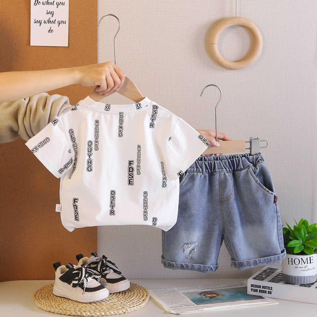 Short Sleeved Round Neck Top Denim Suit