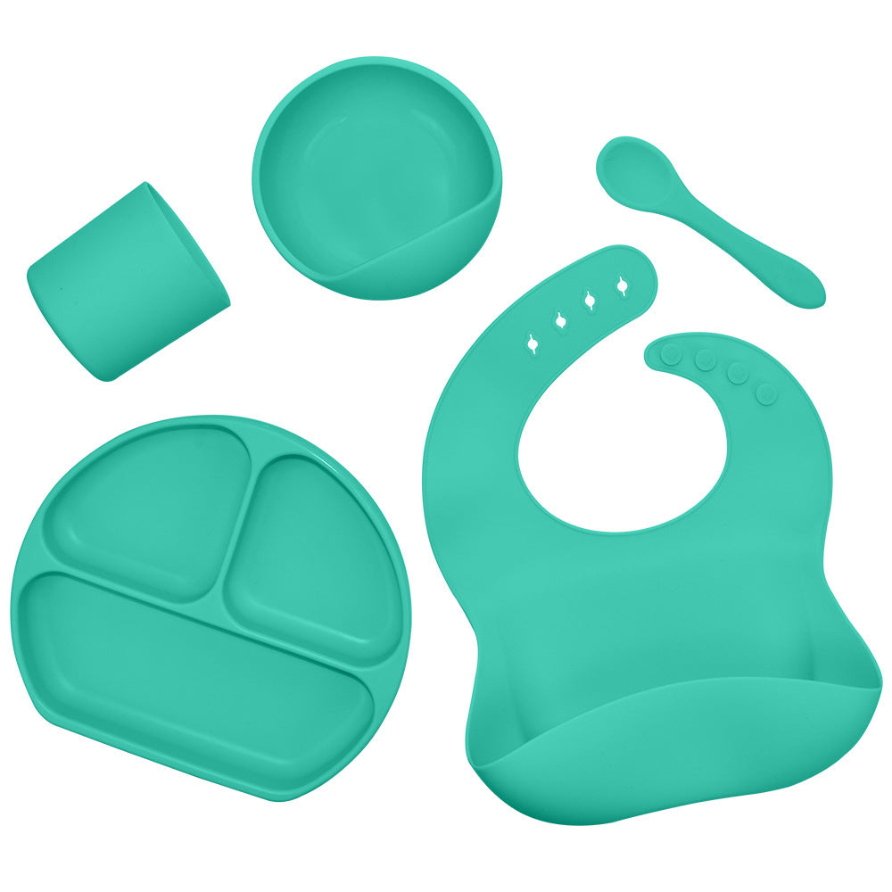 Feeding Tableware with Saliva Pocket, Suction Cup Bowl, Spoon, Dinner Plate and Bib 5-piece Set