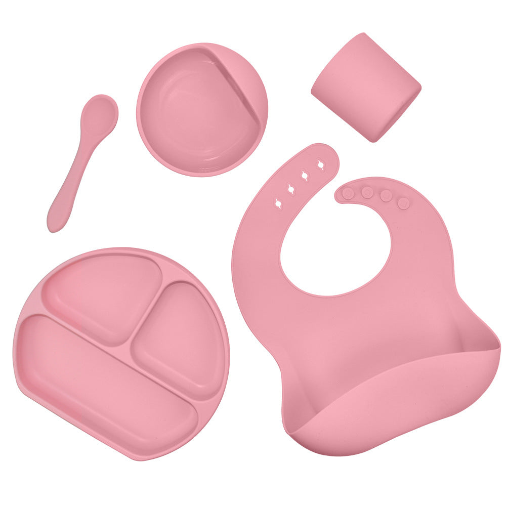 Feeding Tableware with Saliva Pocket, Suction Cup Bowl, Spoon, Dinner Plate and Bib 5-piece Set