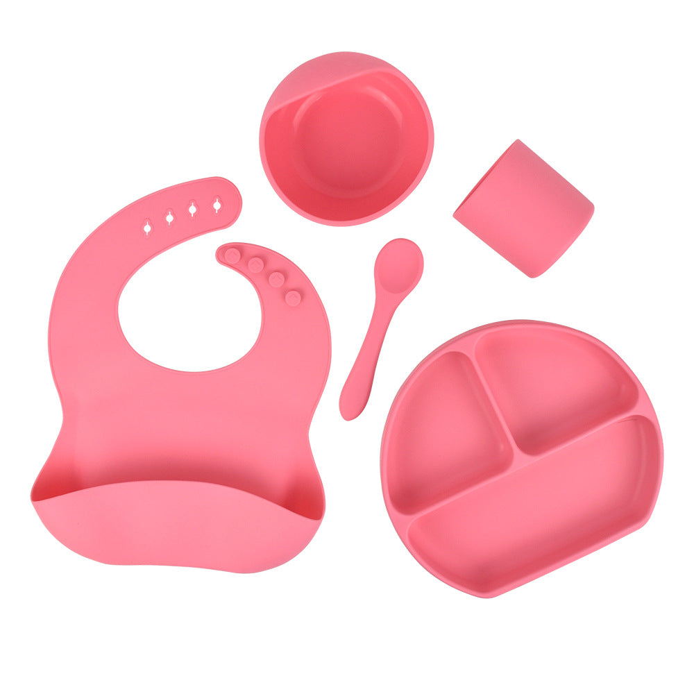 Feeding Tableware with Saliva Pocket, Suction Cup Bowl, Spoon, Dinner Plate and Bib 5-piece Set