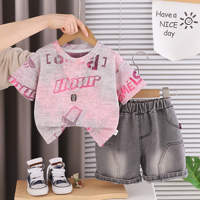 Short Sleeved Striped Shirt Jeans Set