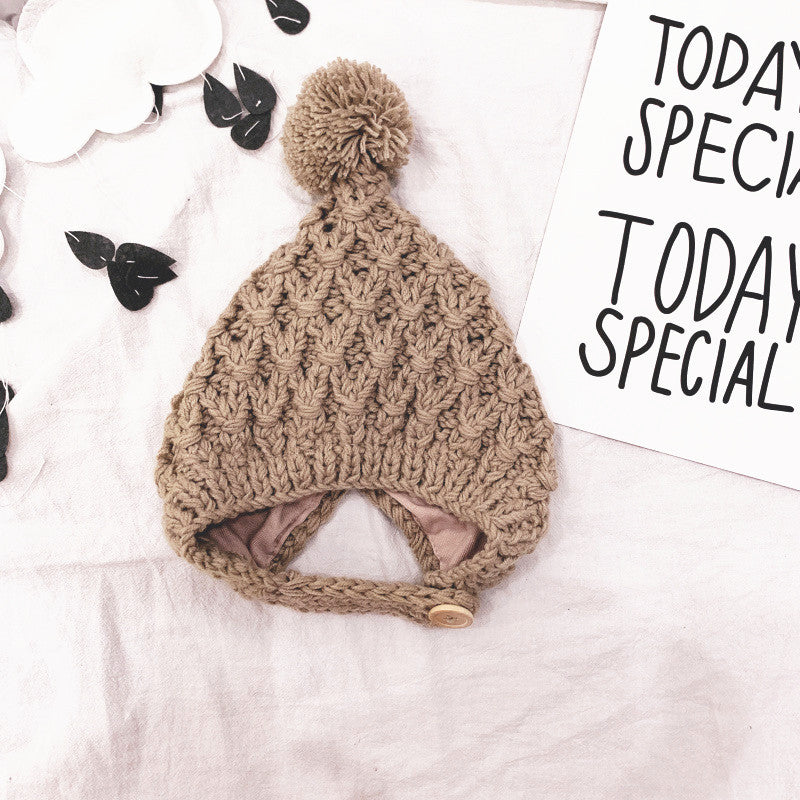 Children's Autumn/Winter Wool Ball Lined Ear-flap Hat